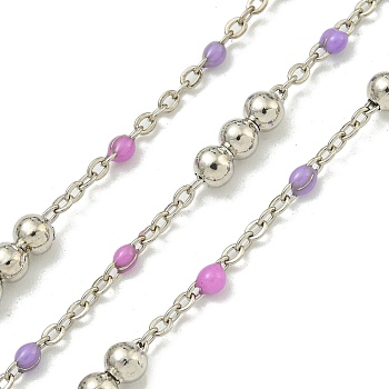 Brass Enamel Round Beaded Link Chain, Soldered, with Spool, Long-Lasting Plated, Cadmium Free & Lead Free, Platinum, Orchid, 12x3.5mm