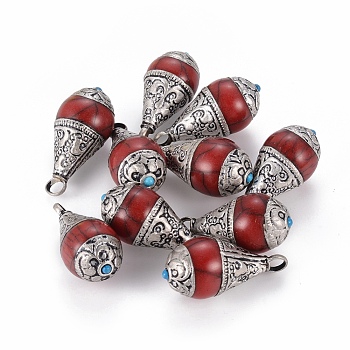 Handmade Tibetan Style Pendants, with Synthetic Coral, teardrop, Red, Antique Silver, 32~34x14~15mm, Hole: 3mm