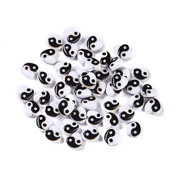 Opaque Acrylic Bead, Heart with Yin-yang, Black, 8.5x8.5x4mm, Hole: 1.5mm