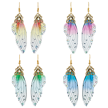 4Pcs 4 Colors Gradient Butterfly Resin Dangle Earrings, Golden Alloy Long Drop Earrings, Mixed Color, 82x22mm, 1pair/color