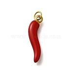 304 Stainless Steel Enamel Pendants, with Jump Ring, Horn of Plenty/Italian Horn Cornicello Charms, Real 18K Gold Plated, Ion Plating(IP), FireBrick, 20.5x6x3mm, Hole: 2.5mm(STAS-R153-19G)