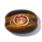 Brass Micro Pave Cubic Zirconia & Tiger Eye Beads, Ion Plating(IP), Oval, Hand Polished, Brown, Real 18K Gold Plated, 20x15mm, Hole: 3.6mm(GG-OY001-07G)