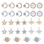 28Pcs 14 Style Alloy Rhinestone Pendants, Star & Heart & Sun & Planet Charms, Platinum & Light Gold, 17~24x17~25x2~3mm, Hole: 1.8~2mm, 2Pcs/style(ALRI-FH0001-19)