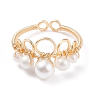 Shell Pearl Braided Crown Open Cuff Ring, Copper Wire Wrap Jewelry for Women, Golden, US Size 8(18.1mm)(RJEW-TA00037)