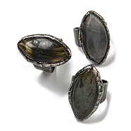 Natural Labradorite Adjustable Rings, with Antique Silver Brass Findings, Jewely for Unisex, Horse Eye, Adjustable(RJEW-K269-04AS)