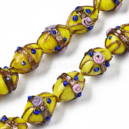 Handmade Gold Sand Lampwork Beads Strands, Ovald with Flower, Yellow, 16~17x13~15x12~13mm, Hole: 1.4~1.8mm, about 30pcs/strand, 19.69 inch(50cm)(LAMP-N021-40E)