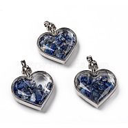Glass Bottle Pendants, with Natural Lapis Lazuli Chips and Platinum Plated Alloy Findings, Heart, 40x32.5x11mm, Hole: 8x5mm(X-G-Z010-02L)