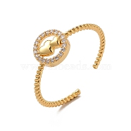 Clear Cubic Zirconia Double Heart Open Cuff Ring, Rack Plating Brass Jewelry for Women, Cadmium Free & Lead Free, Real 18K Gold Plated, Inner Diameter: 17mm(RJEW-C048-03G)
