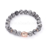 Buddha Natural Netstone Beads Stretch Bracelets, with Brass Beads, 2-1/8 inch(54mm)(BJEW-JB04977-04)