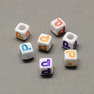 Large Hole Colorful Acrylic Letter European Beads, Horizontal Hole, Cube with Letter.P, 7x7x7mm, Hole: 4mm, about 1144pcs/500g(SACR-Q104-02P)