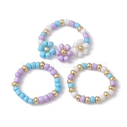 3Pcs 3 Style Glass Seed Beaded Stretch Rings Set, Flower Stackable Rings, Lilac, US Size 7 1/4(17.5mm), 1Pc/style(RJEW-JR00616-01)
