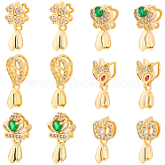 SUPERFINDINGS 12Pcs 6 Style Brass Micro Pave Cubic Zirconia Ice Pick Pinch Bails, Long-Lasting Plated, Fox & Clover & Crown & Leaf & Apple & Butterfly, Golden, 16~20.5x7.5~10.5x5~7mm, Hole: 2~3x3~4.5mm, Pin: 0.7mm, 2pcs/style(KK-FH0003-66)