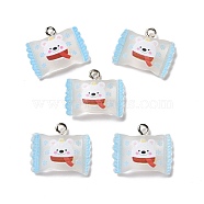 Christmas Theme Transparent Resin Pendants, with Platinum Tone Iron Loops, Candy Bag Charm with Bear Pattern, Light Blue, 17x20.5x5mm, Hole: 2mm(RESI-E022-01P-03)