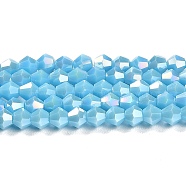 Opaque Solid Color Electroplate Glass Beads Strands, AB Color Plated, Faceted, Bicone, Deep Sky Blue, 4x4mm, Hole: 0.8mm, about 87~98pcs/strand, 12.76~14.61 inch(32.4~37.1cm)(GLAA-F029-P4mm-A12)