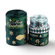 6 Rolls Chrismas Satin Ribbon, Polyester Ribbin, for Making Crafts, Gift Package, Christmas Themed Pattern, Dark Green, 10~39mm, about 5 yards/roll(4.57m/roll), 6 Rolls/set(SRIB-P015-04)