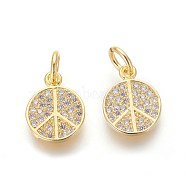Brass Micro Pave Cubic Zirconia Charms, Lead Free & Cadmium Free, Clear, Peace Sign, Golden, 11x9x2mm, Hole: 3mm(ZIRC-J021-02G-RS)
