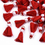 Polycotton(Polyester Cotton) Tassel Pendant Decorations, Mini Tassel, with Golden Tone Iron Findings and ABS Plastic Imitation Pearl, Red, 23mm, Jump ring: 5x0.8mm, 3.4mm inner diameter(FIND-T052-13I)