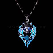 Luminous Glow In The Dark Enamel Wolf Pendant Necklace with Synthetic Turquoise Beaded, Alloy Jewelry, Blue, 27.56 inch(70cm)(LUMI-PW0006-66A)