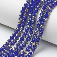Electroplate Opaque Glass Beads Strands, Half Rainbow Plated, Faceted, Rondelle, Dark Blue, 4x3mm, Hole: 0.4mm, about 123~127pcs/strand, 16.5~16.9 inch(42~43cm)(EGLA-A034-P4mm-H13)