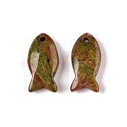 Natural Unakite Pendants, Fish Charms, 23.5~24.5x12x5~6mm, Hole: 2mm(G-N342-106I)