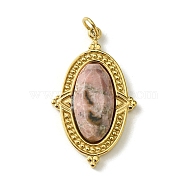 Ion Plating(IP) 304 Stainless Steel Pave Faceted Natural Rhodonite Pendants, Oval Charms, Real 14K Gold Plated, 24.5x14.5x4.5mm, Hole: 2.5mm(FIND-Z028-40A)