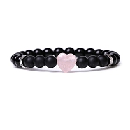 Natural Rose Quartz & Glass Heart Beaded Stretch Bracelet, 7-5/8 inch(19.5cm)(PW-WG20984-04)