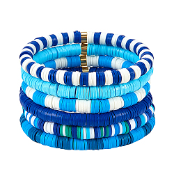 Handmade Polymer Clay Heishi Beads Stretch Bracelets Sets, with Golden Plated Stainless Steel Spacer Beads, Blue, Inner Diameter: 2 inch(5.2cm), 6pcs/set(BJEW-JB05902-04)