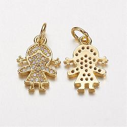 Electrophoresis Brass Micro Pave Cubic Zirconia Charms, Long-Lasting Plated, Girl, Golden, 15x10x1.5mm, Hole: 3mm(ZIRC-P047-14G)