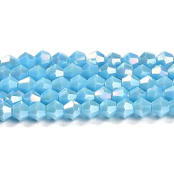 Opaque Solid Color Electroplate Glass Beads Strands, AB Color Plated, Faceted, Bicone, Deep Sky Blue, 4x4mm, Hole: 0.8mm, about 87~98pcs/strand, 12.76~14.61 inch(32.4~37.1cm)(GLAA-F029-P4mm-A12)