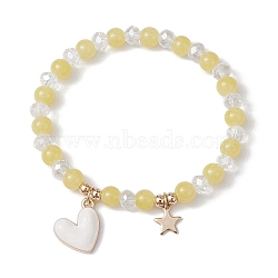 Glass Round Beaded Stretch Bracelets, with Alloy Wing & 304 Stainless Steel Heart Charms, Light Khaki, Inner Diameter: 2-1/8 inch(5.4cm)(BJEW-JB09909-02)