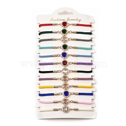 12Pcs 12 Colors Polyester Bracelets, Glass Links & Brass Micro Pave Cubic Zirconia Findings for Women, Flat Round, Mixed Color, 7-1/4 inch(18.5cm)(BJEW-P340-01G)