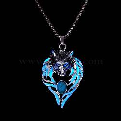 Luminous Glow In The Dark Enamel Wolf Pendant Necklace with Synthetic Turquoise Beaded, Alloy Jewelry, Blue, 27.56 inch(70cm)(LUMI-PW0006-66A)