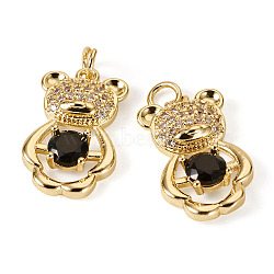 2Pcs Brass Micro Pave Cubic Zirconia Pendants, Bear Charms, Real 18K Gold Plated, Black, 20x12x3mm, Hole: 3mm(KK-TA0002-81C)