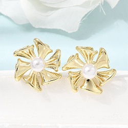 Brass Stud Earrings for Women, Flower, with Resin Imitation Pearl Beads, Real 18K Gold Plated, 23mm(EJEW-F422-01A-G)