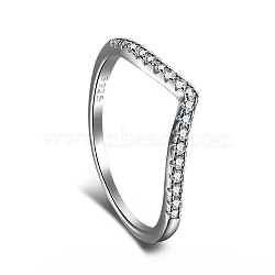 Rhodium Plated 925 Sterling Silver Micro Pave Cubic Zirconia Finger Ring for Women, V-Shaped, with 925 Stamp, Real Platinum Plated, Clear, 1.3~4.5mm, US Size 7(17.3mm)(RJEW-F150-15B-01P)