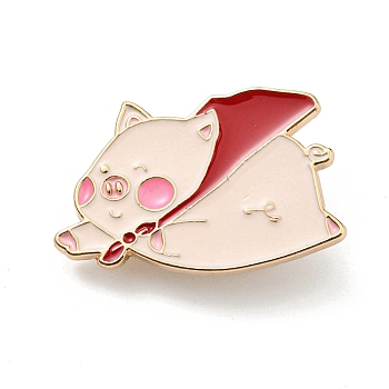 Cute Animal Cartoon Enamel Pin, Light Gold Alloy Brooch for Women, Pig with Cape, Dark Red, 19x30x1.5mm