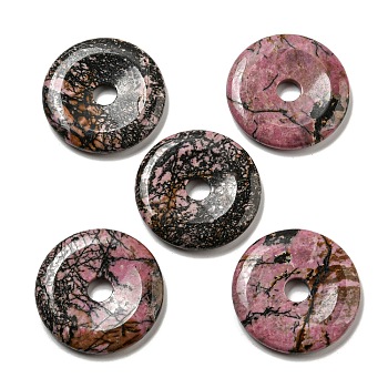 Natural Rhodonite Pendants, Donut/Pi Disc Charms, 50x6.5~7.5mm, Hole: 10mm
