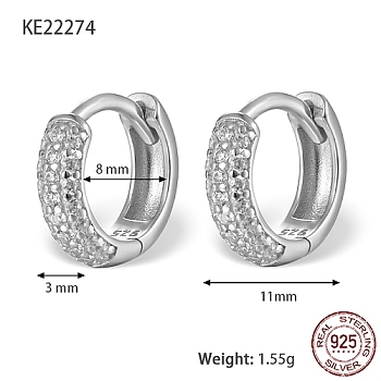 Rhodium Plated 925 Sterling Sliver Micro Pave Cubic Zirconia Hoop Earrings, with 925 Stamp, Platinum, 11x3mm