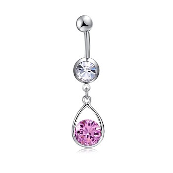 Brass Cubic Zirconia Navel Ring, Belly Rings, with 304 Stainless Steel Bar, Cadmium Free & Lead Free, teardrop, Pink, 41mm, Bar: 15 Gauge(1.5mm), Bar Length: 3/8"(10mm)