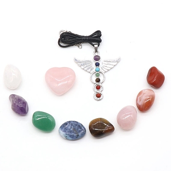 Valentine's Day Theme Chakra Gemstone Ornaments Set, Reiki Energy Stone Display Decorations, Heart & Angel, 15~30mm