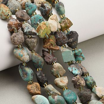 Raw Rough Natural HuBei Turquoise Beads Strands, Nuggets, with Seed Beads, 6~15x8~12x6~10mm, Hole: 1~1.2mm, about 32~33pcs/strand, 15.59~15.87''(39.6~40.3cm)