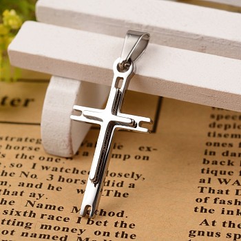 304 Stainless Steel Cross Pendants, Stainless Steel Color, 28.5x15x3mm, Hole: 3x6mm