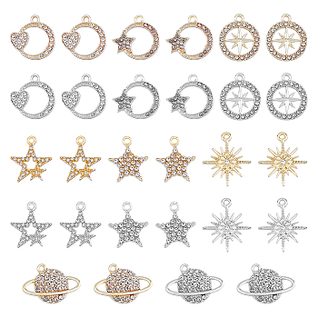28Pcs 14 Style Alloy Rhinestone Pendants, Star & Heart & Sun & Planet Charms, Platinum & Light Gold, 17~24x17~25x2~3mm, Hole: 1.8~2mm, 2Pcs/style