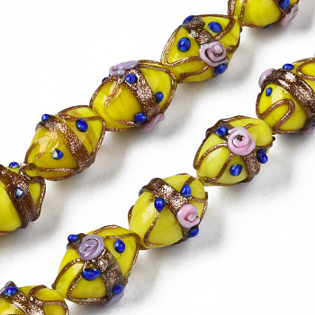 Handmade Gold Sand Lampwork Beads Strands, Ovald with Flower, Yellow, 16~17x13~15x12~13mm, Hole: 1.4~1.8mm, about 30pcs/strand, 19.69 inch(50cm)