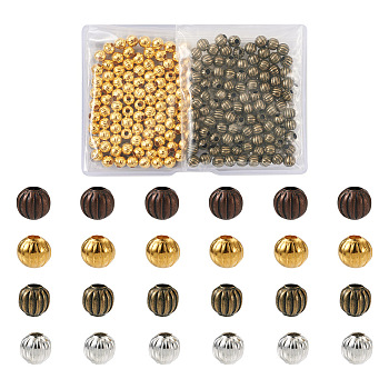 400Pcs 4 Colors Iron Corrugated Beads, Round, Golden, 6mm, Hole: 2mm, 100pcs/color