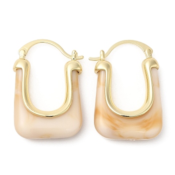 Real 16K Gold Plated Brass Hoop Earrings, Resin Imitation Gemstone Earrings for Women, Beige, 34x23x9mm