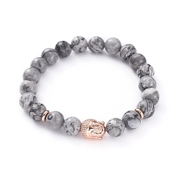 Buddha Natural Netstone Beads Stretch Bracelets, with Brass Beads, 2-1/8 inch(54mm)