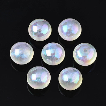 Opaque Acrylic Beads, AB Color Plated, with Glitter Powder, Half Drilled, Flat Round, White, 10x7mm, Hole: 1.2mm