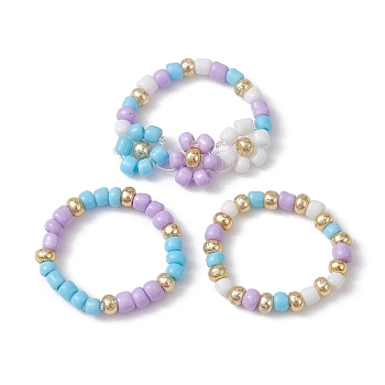 3Pcs 3 Style Glass Seed Beaded Stretch Rings Set, Flower Stackable Rings, Lilac, US Size 7 1/4(17.5mm), 1Pc/style