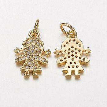 Electrophoresis Brass Micro Pave Cubic Zirconia Charms, Long-Lasting Plated, Girl, Golden, 15x10x1.5mm, Hole: 3mm